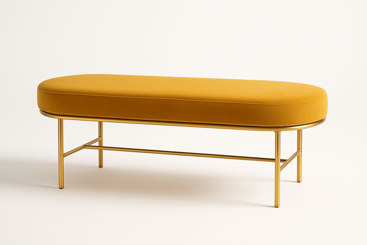 Oval Velvet Upholstered Bench Mustard with Steel Frame 120(L)cm-Belonilta