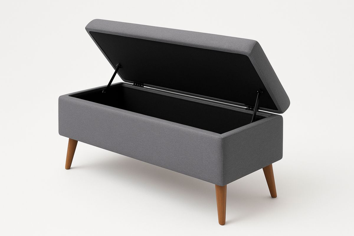 Polyester Storage Ottoman Bench with Solid Wood Legs in Polyester Fa bric120(W)cm Grey-Belonilta