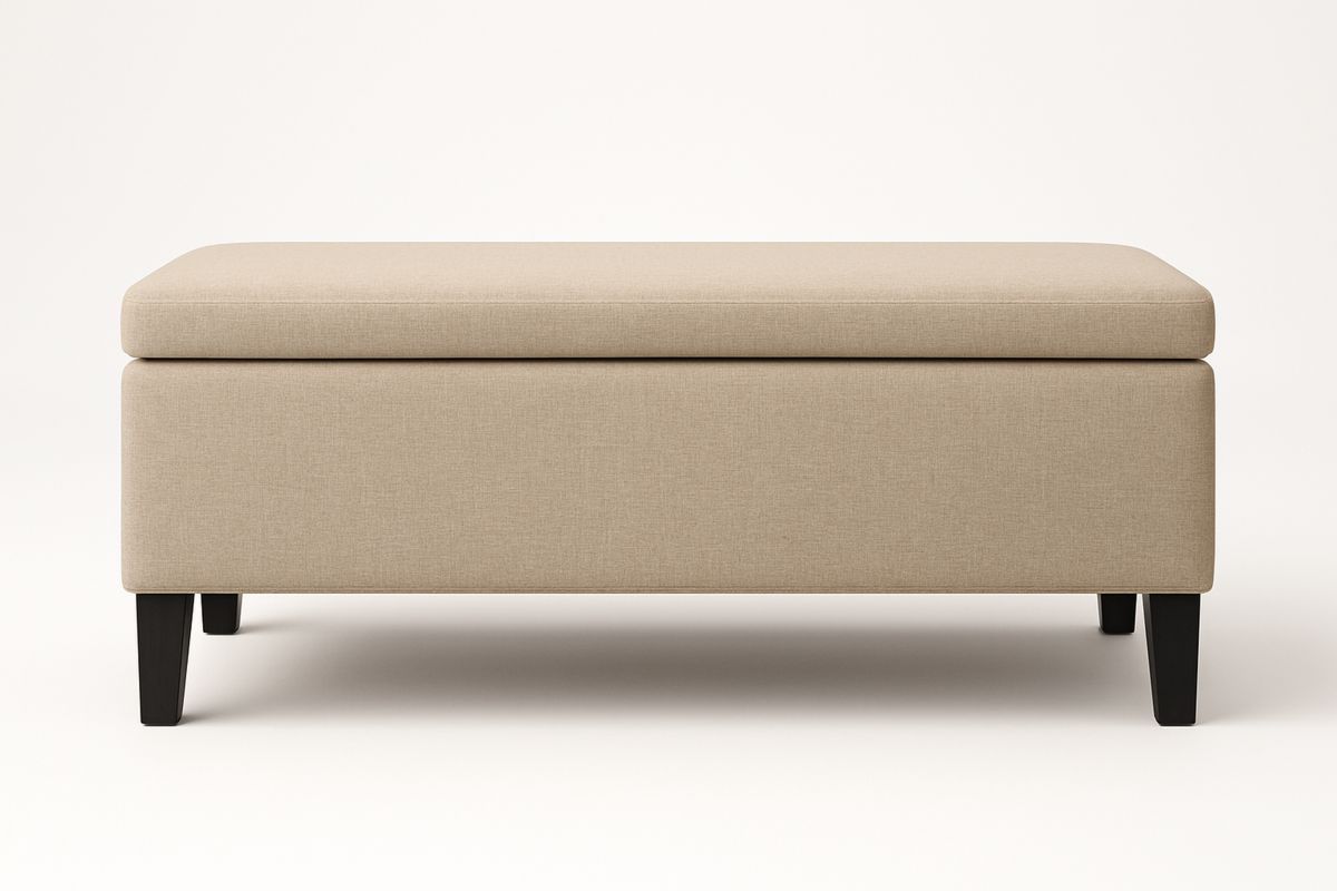 Beige Linen Storage Ottoman Bench with Solid Wood Legs-Belonilta