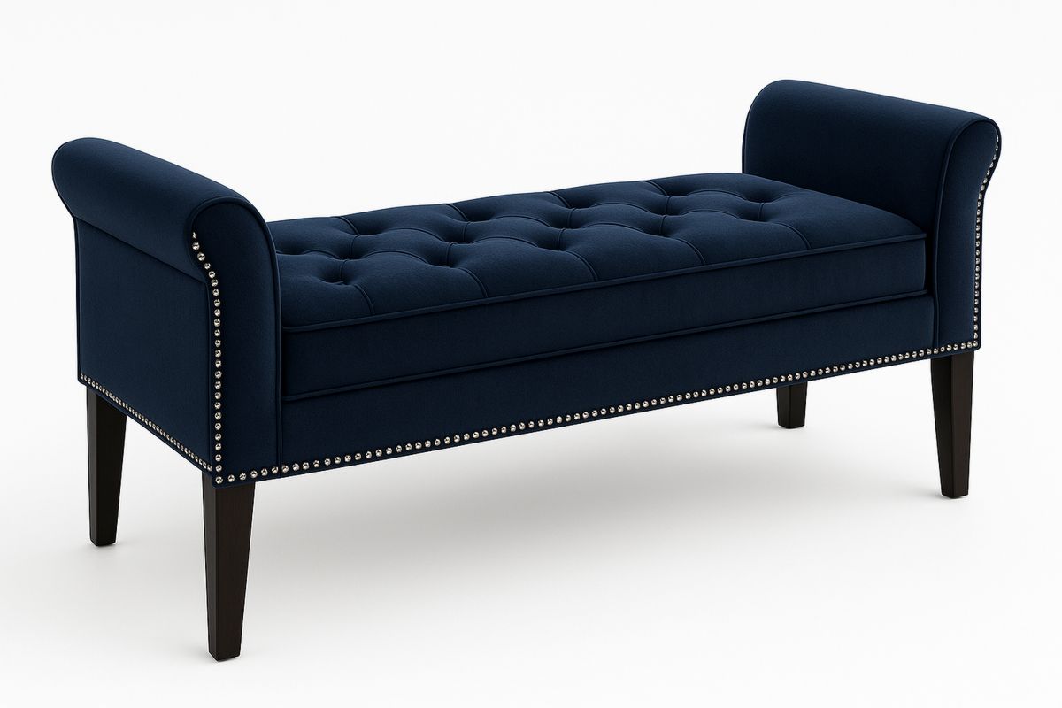 Navy Upholstered Velvet Bench with Nailhead Trim 130(L)cm-Belonilta