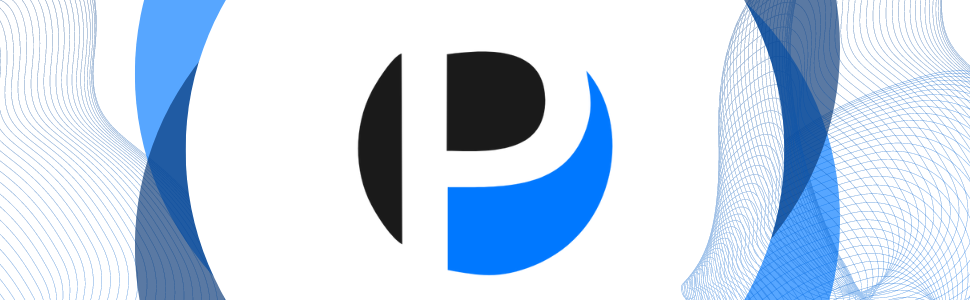 Minimalist logo design featuring letter 'P' in black and blue, surrounded by curved blue and white linear patterns.