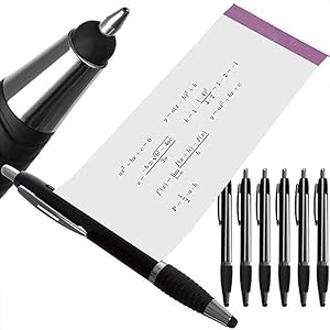 Black stylus pen with rubber grip and clip, alongside mathematical equations on paper and five additional black pens.