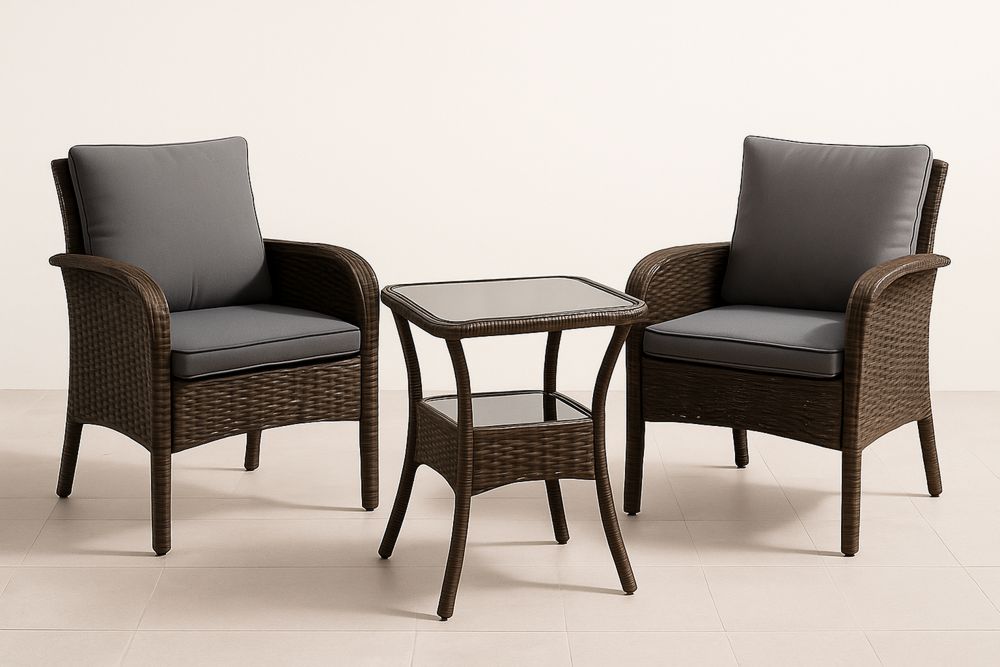 Outdoor Wicker Armchair and Tempered Glass Table Set Dark Brown/Grey