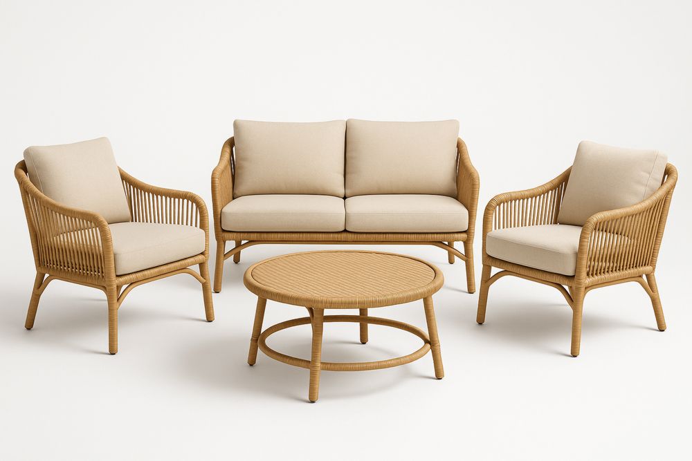 Rattan Sofa Set with Polyester Cushions 2-Seater Lounge Armchairs