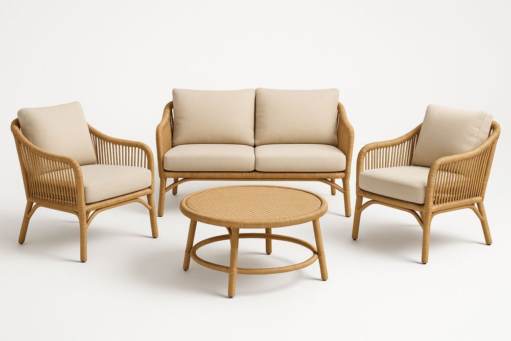 Rattan Sofa Set with Polyester Cushions 2-Seater Lounge Armchairs