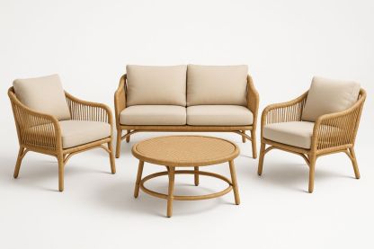 Rattan Sofa Set with Polyester Cushions 2-Seater Lounge Armchairs