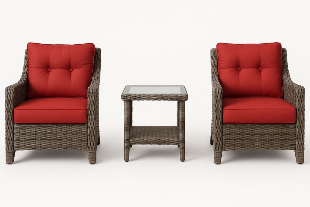 Outdoor Rattan Lounge Chair Set with Cushions and Glass Top Table Grey/Red