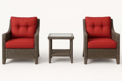 Outdoor Rattan Lounge Chair Set with Cushions and Glass Top Table Grey/Red