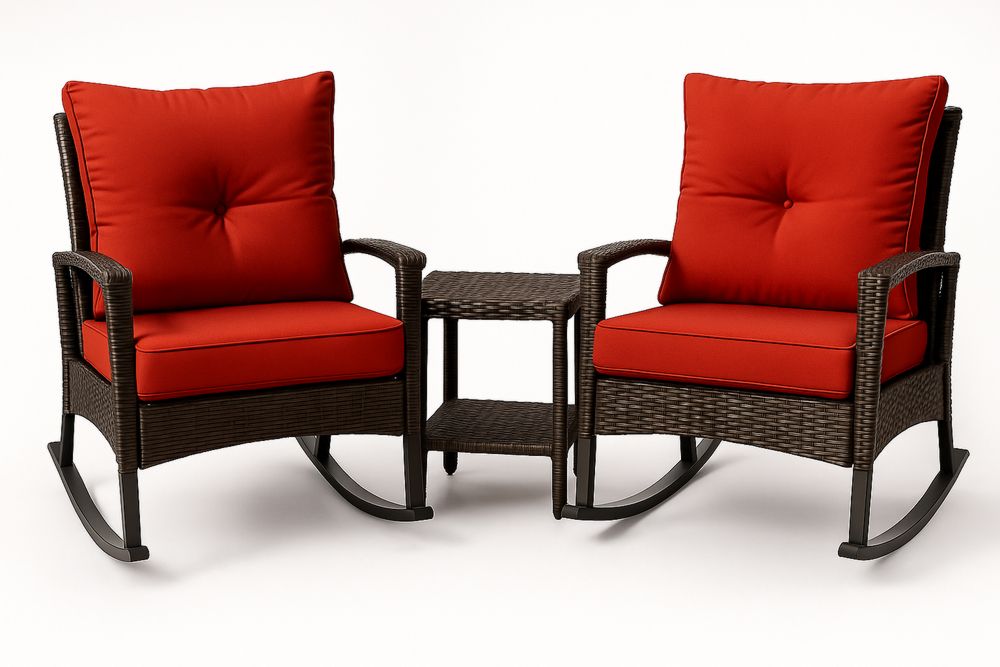 Outdoor Wicker Rocking Chair Set with Cushions and Side Table in Red