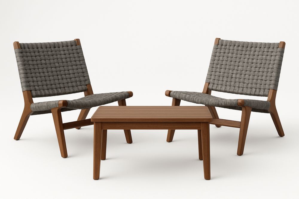 Outdoor Lounge Chair and Table Set Teak Wood Grey Polyester Rope