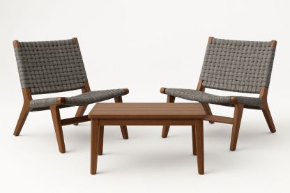 Outdoor Lounge Chair and Table Set Teak Wood Grey Polyester Rope