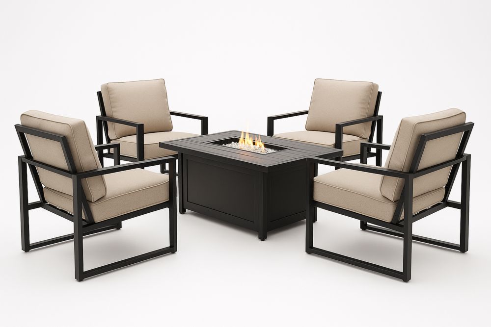 Aluminium Outdoor Lounge Set with Beige Cushions and Fire Pit Table