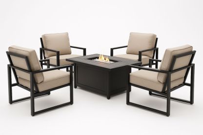 Aluminium Outdoor Lounge Set with Beige Cushions and Fire Pit Table