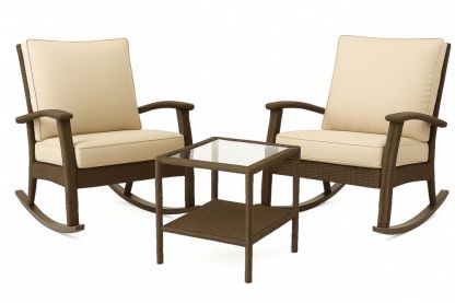 3 Piece Wicker Rocking Chair Set with Cushions and Tempered Glass Top Table Brown/Beige