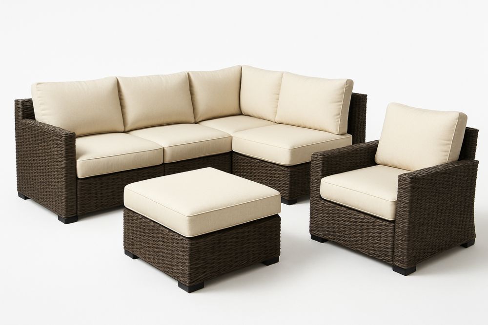 Outdoor Wicker Sectional Sofa Set with Armchair and Ottoman - Brown/Beige