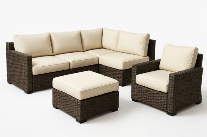 Outdoor Wicker Sectional Sofa Set with Armchair and Ottoman - Brown/Beige