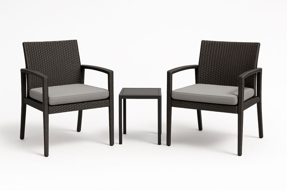 Outdoor 3 Piece Set Wicker Armchairs and Side Table with Aluminium Frame and Grey Cushions