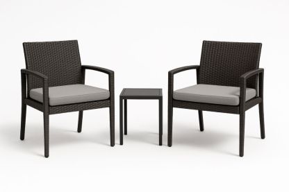 Outdoor 3 Piece Set Wicker Armchairs and Side Table with Aluminium Frame and Grey Cushions