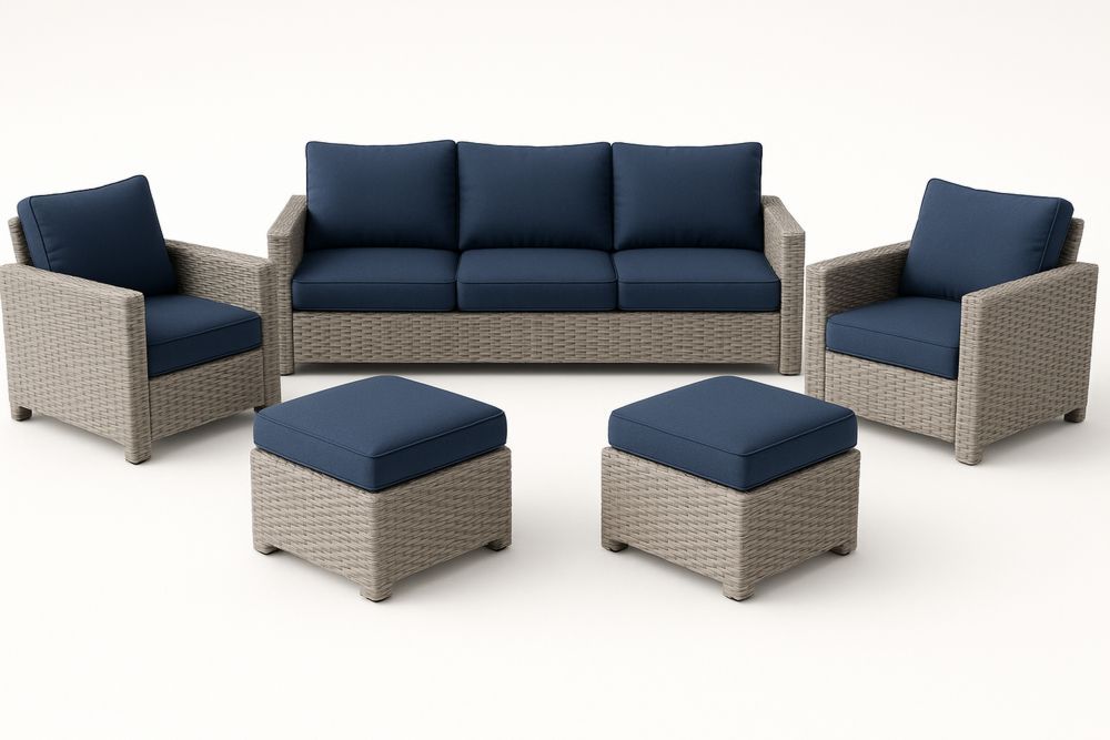 Outdoor Rattan Wicker Sofa Set with Polyester Cushions Blue/Grey