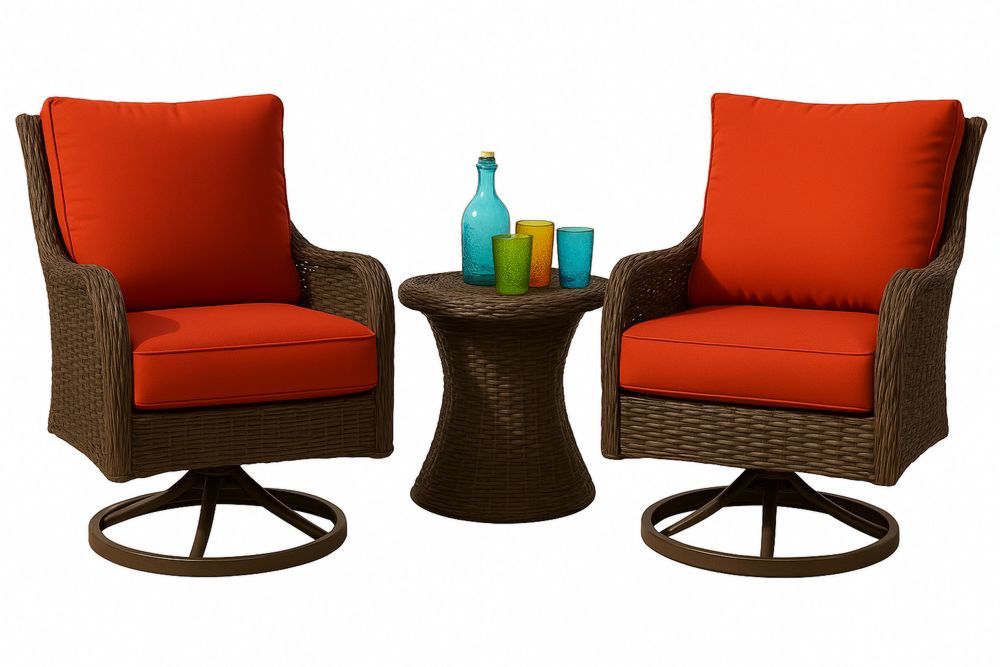 Outdoor Wicker 3 Piece Chair and Table Set with Red Cushions