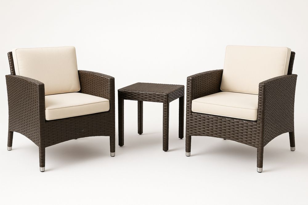 3 Piece Outdoor Patio Furniture Set Wicker Chairs with Polyester Beige Cushions Brown