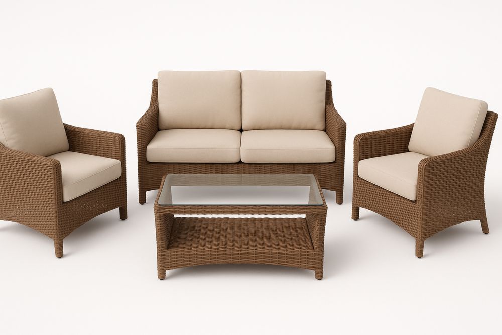 Outdoor Wicker Sofa Set with Glass Table and Cushions Brown/Beige