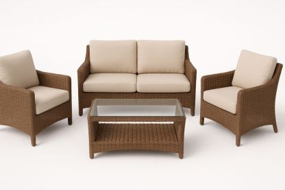 Outdoor Wicker Sofa Set with Glass Table and Cushions Brown/Beige