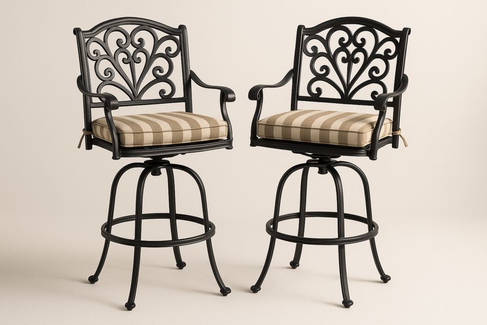 Outdoor Swivel Bar Stool Set with Cast Aluminium Frame and Beige Cushion