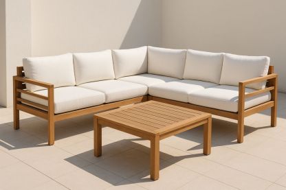 Teak Wood Outdoor Corner Sofa Set with Beige Polyester Cushions
