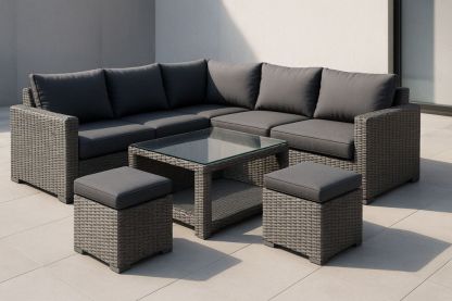 Outdoor Modular Sofa Set Wicker Aluminium Frame Dark Grey Cushions Glass Coffee Table