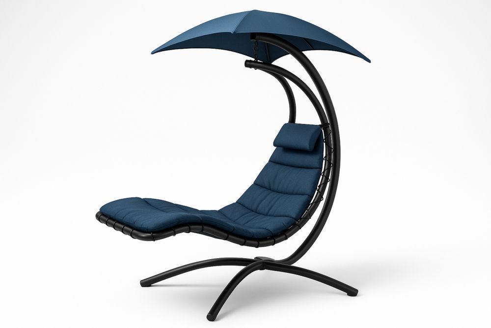 Navy Blue Outdoor Hanging Chaise Lounge Chair with Steel Frame and Sun Umbrella