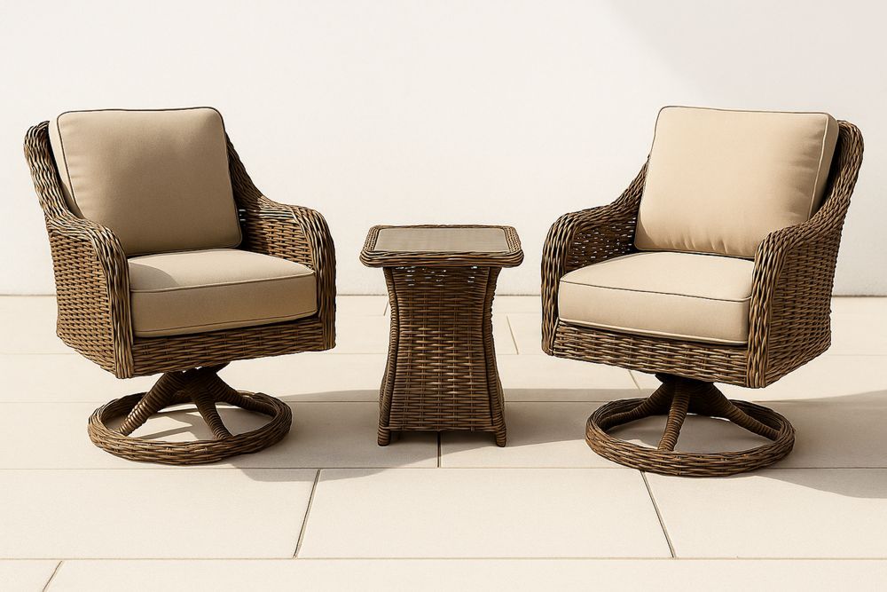 Outdoor Patio Furniture Set with 2 Swivel Chairs and Glass-top Coffee Table in Brown PE Rattan and Beige Cushions