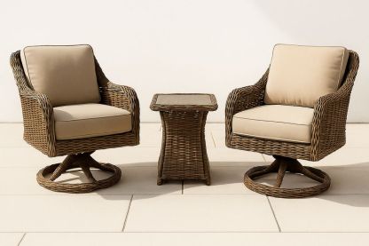 Outdoor Patio Furniture Set with 2 Swivel Chairs and Glass-top Coffee Table in Brown PE Rattan and Beige Cushions
