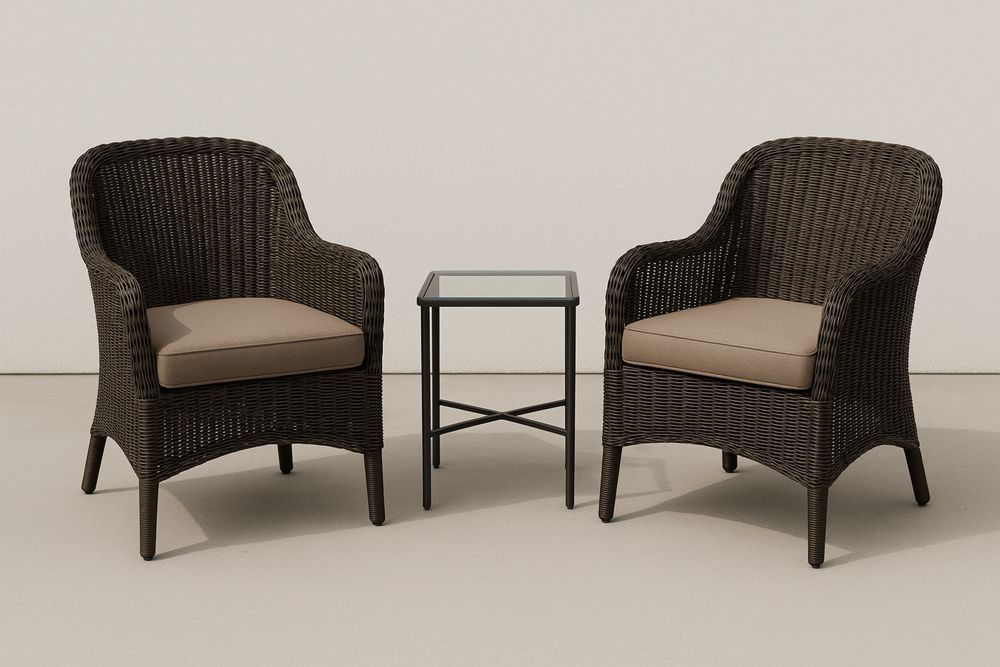 3 Piece Outdoor Wicker Furniture Set with Glass Top Table and Cushioned Chairs Black/Brown