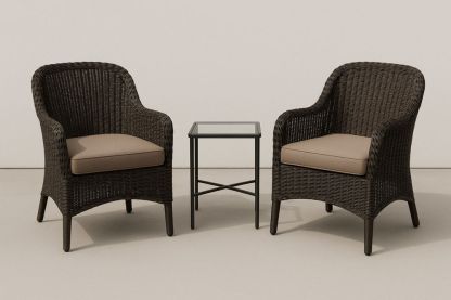 3 Piece Outdoor Wicker Furniture Set with Glass Top Table and Cushioned Chairs Black/Brown