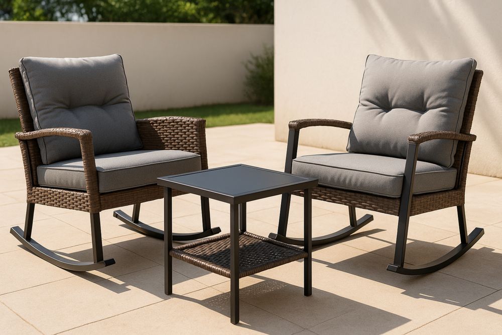 Outdoor Rocking Chair Set Wicker Frame Tempered Glass Table Grey/Brown