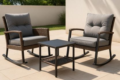 Outdoor Rocking Chair Set Wicker Frame Tempered Glass Table Grey/Brown