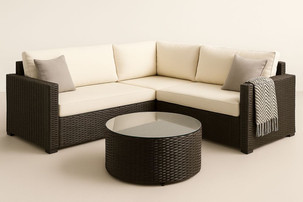 Outdoor Wicker Corner Sofa Set with Glass Top Coffee Table