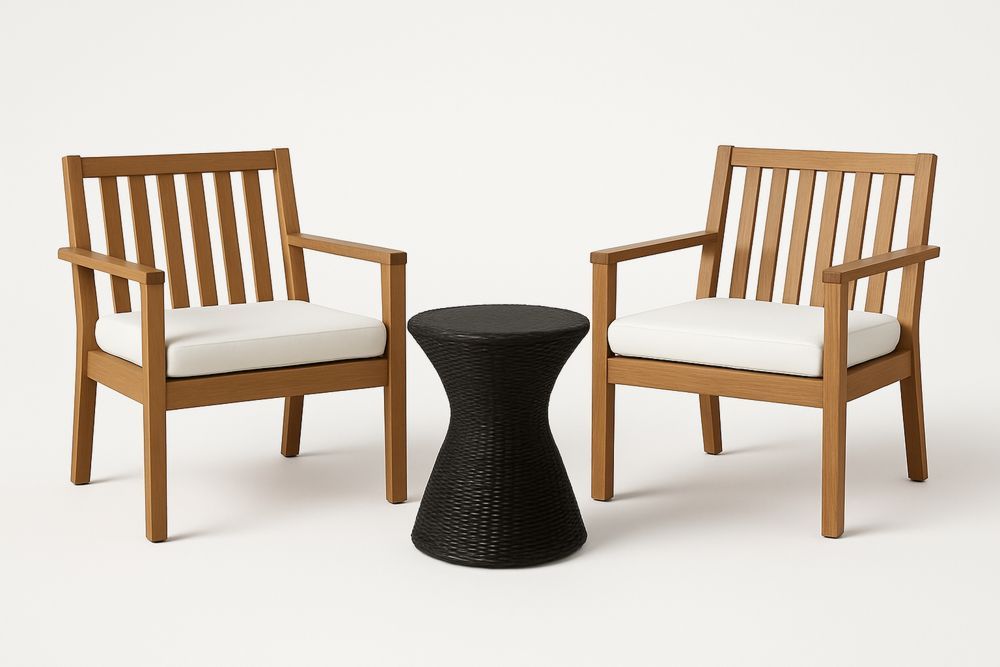 Wood Lounge Chair and Wicker Table Set with Cushions Natural Wood/Black