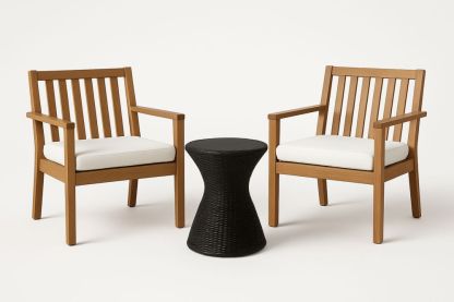 Wood Lounge Chair and Wicker Table Set with Cushions Natural Wood/Black