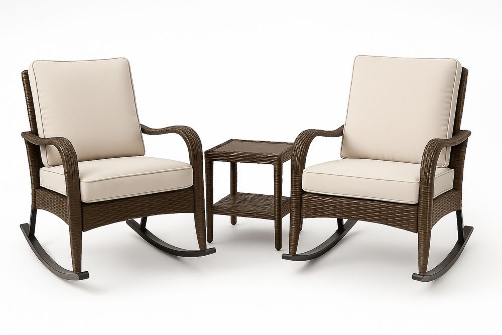Outdoor Wicker Rocking Chair and Table Set with Beige Cushions and Brown Frame
