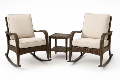 Outdoor Wicker Rocking Chair and Table Set with Beige Cushions and Brown Frame