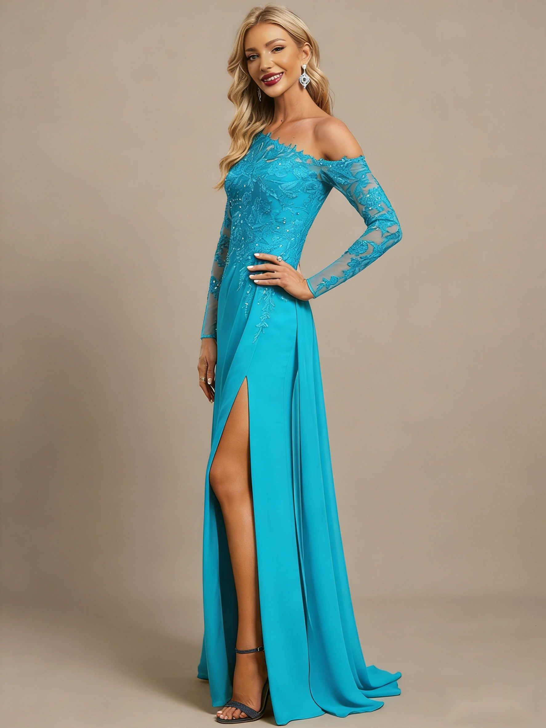 One-Shoulder Chiffon Gown with Thigh-High Slit