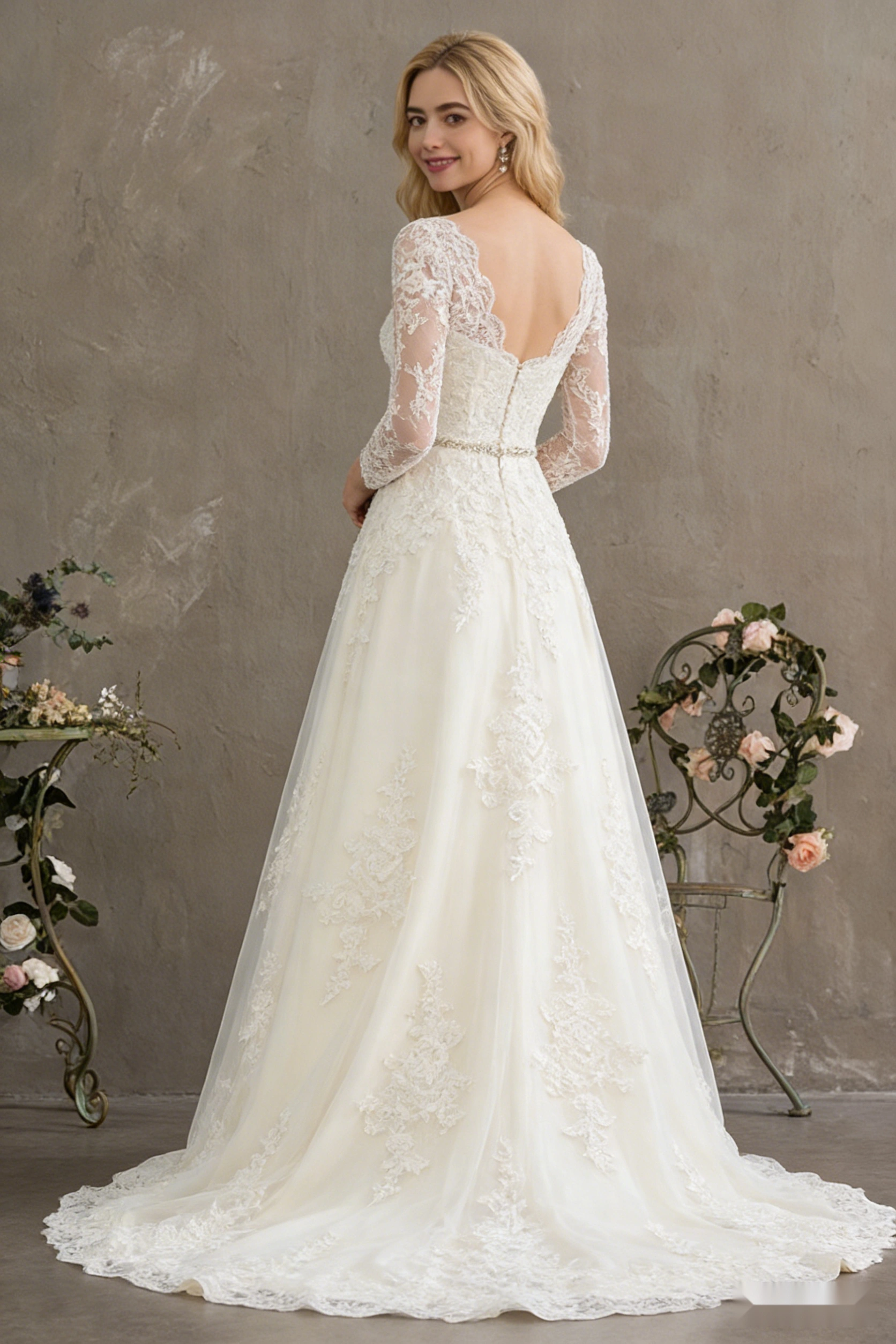 Long-Sleeved Floor-Length Wedding Dress