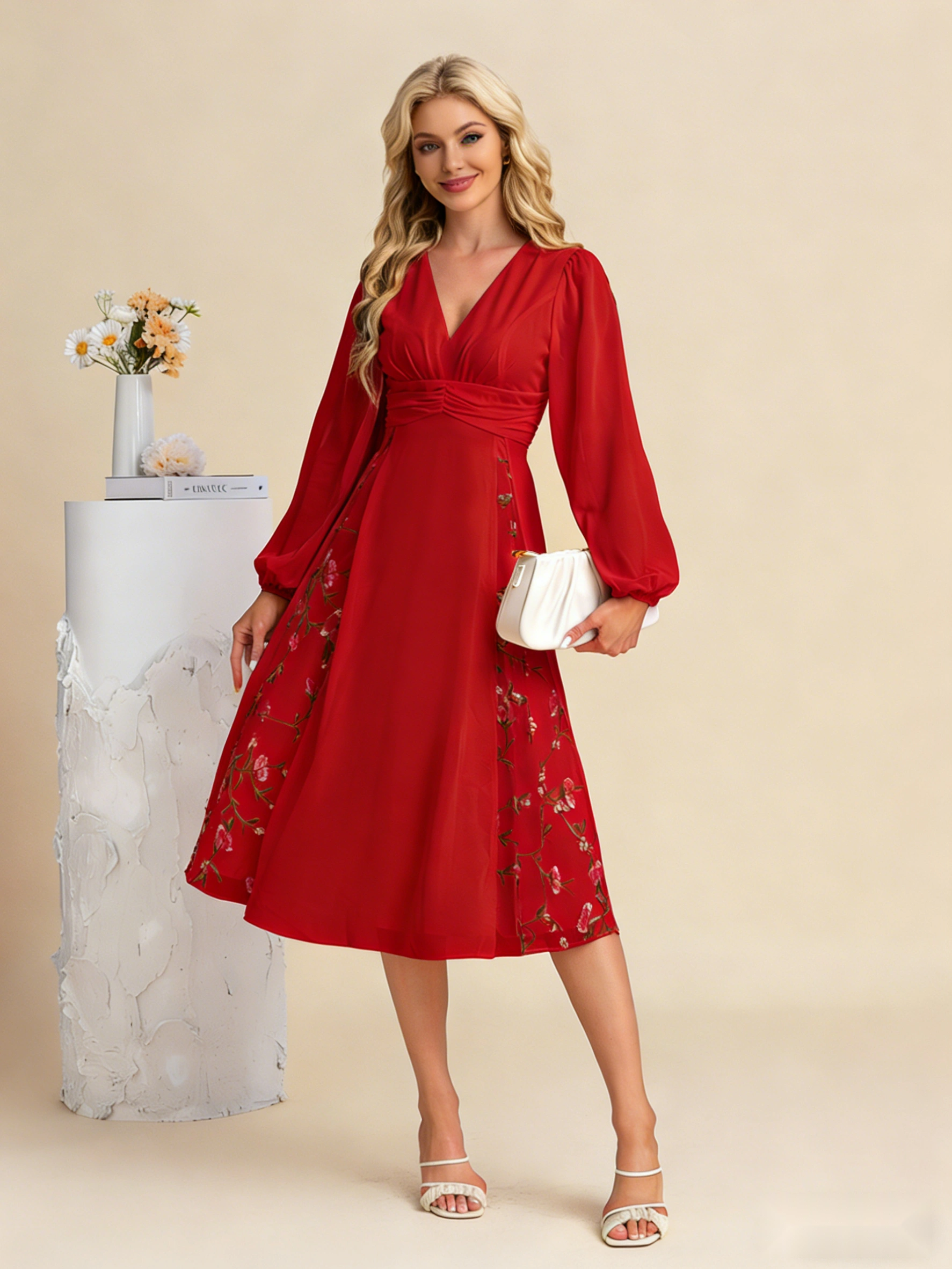 Elegant Long-Sleeved V-Neck Midi Gown