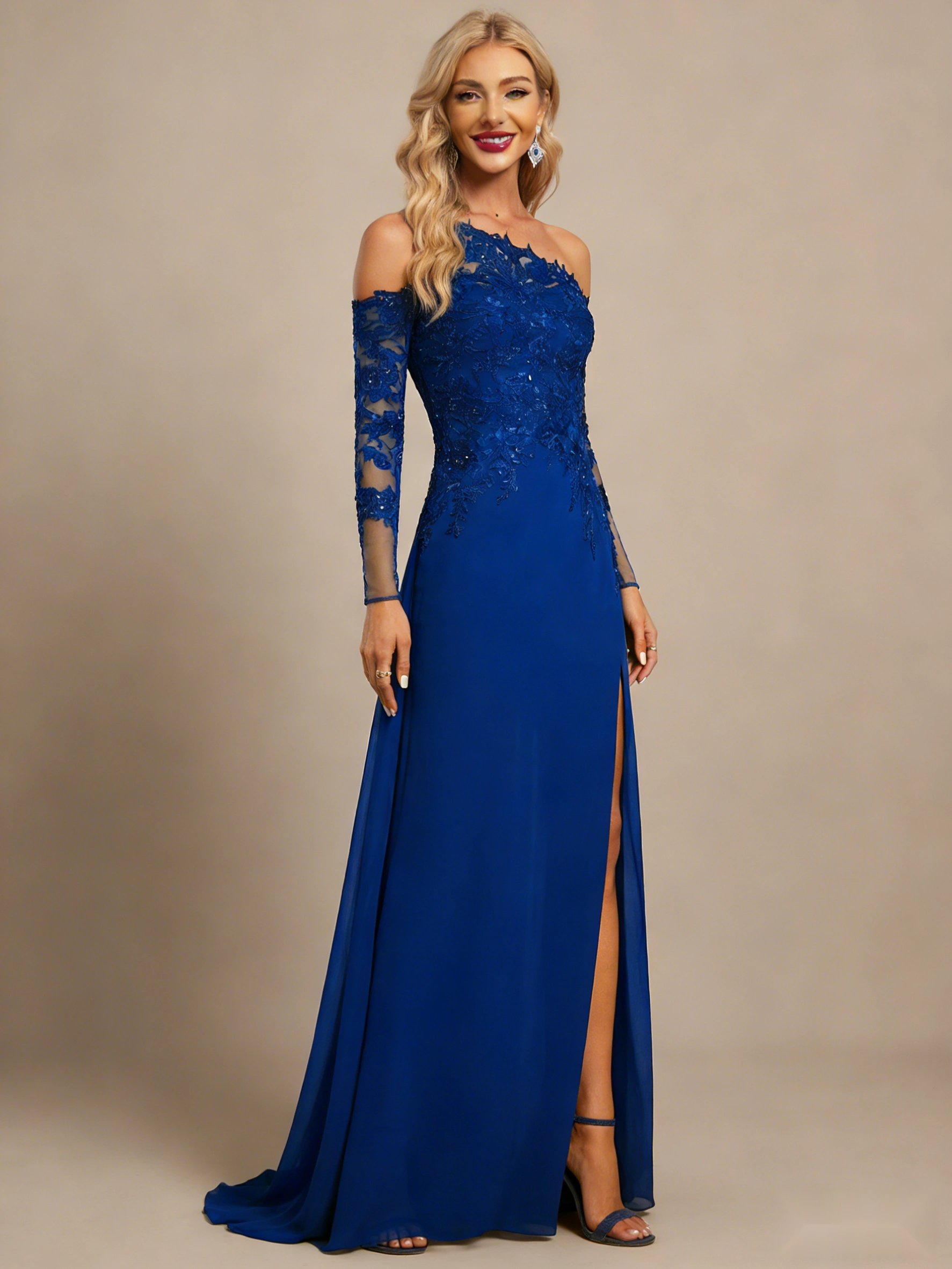 One-Shoulder Chiffon Gown with Thigh-High Slit