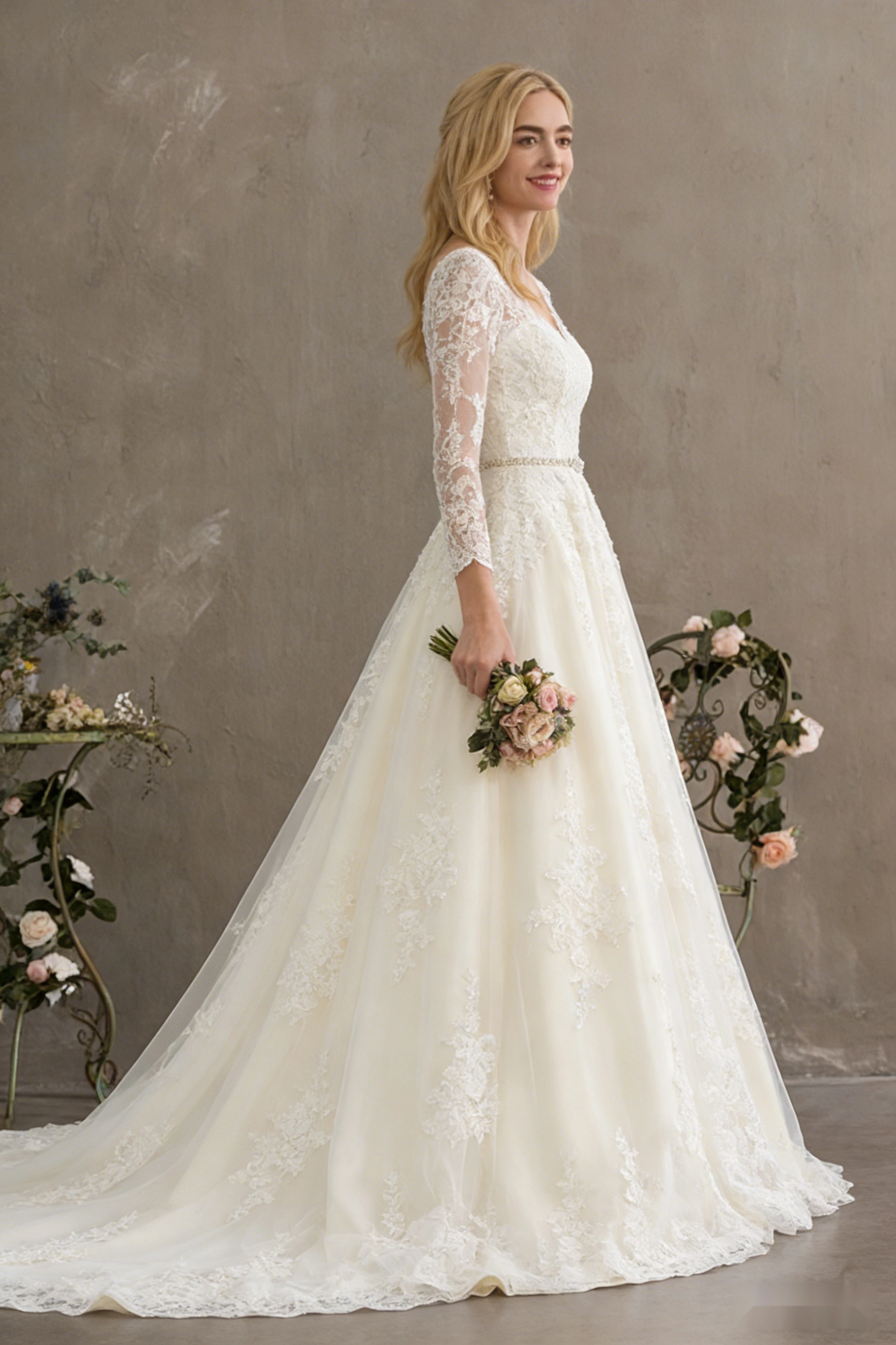 Long-Sleeved Floor-Length Wedding Dress