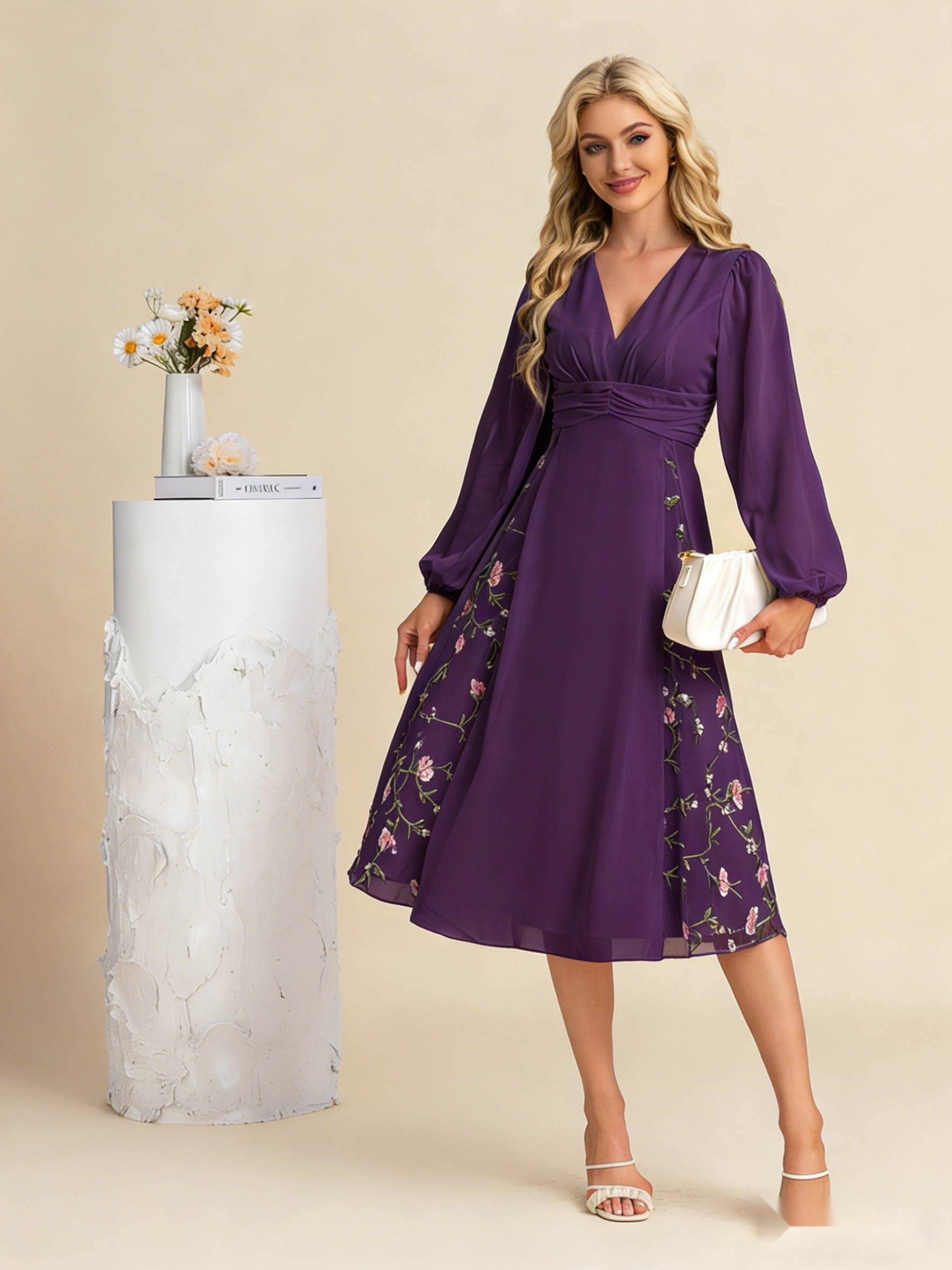 Elegant Long-Sleeved V-Neck Midi Gown