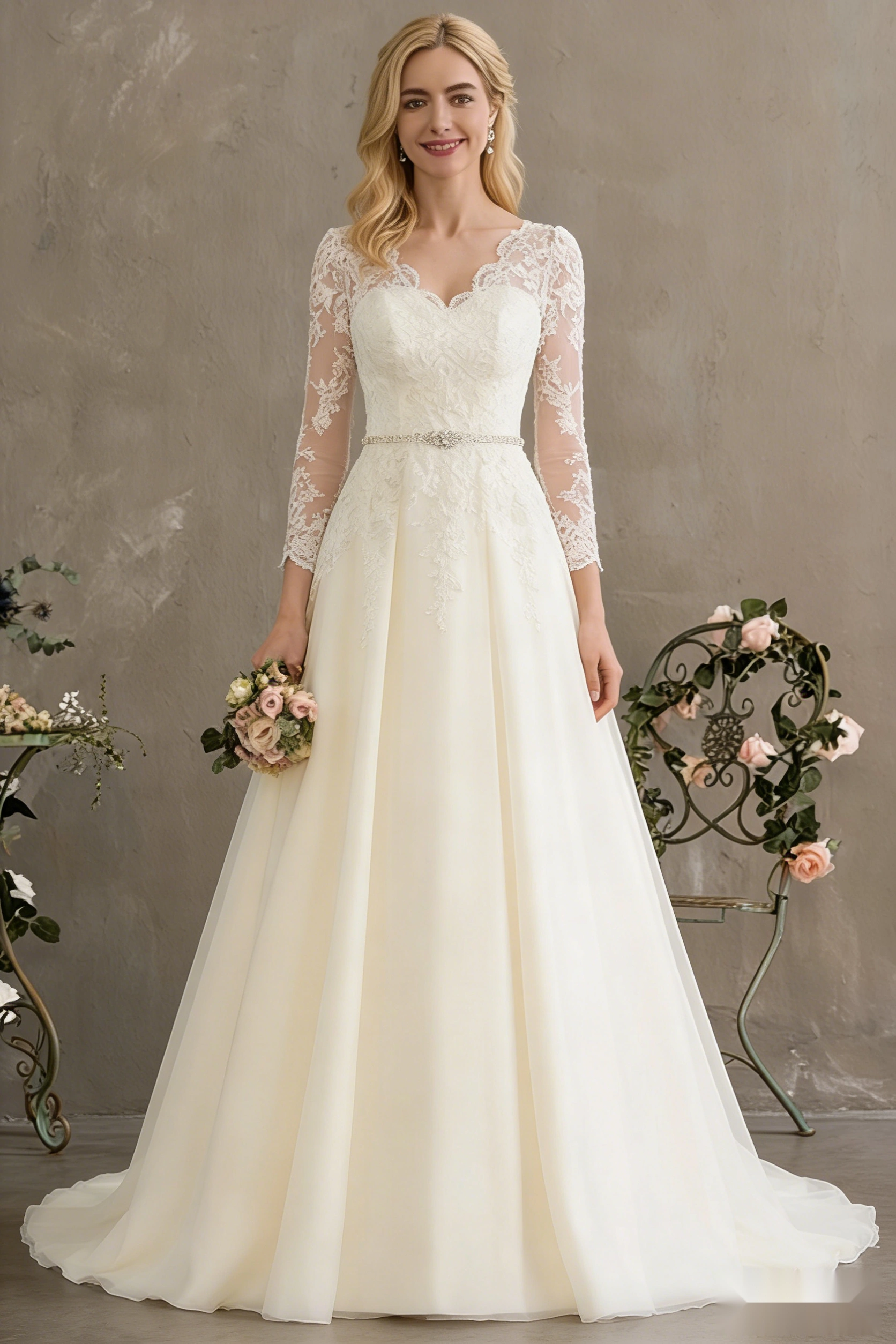Long-Sleeved Floor-Length Wedding Dress