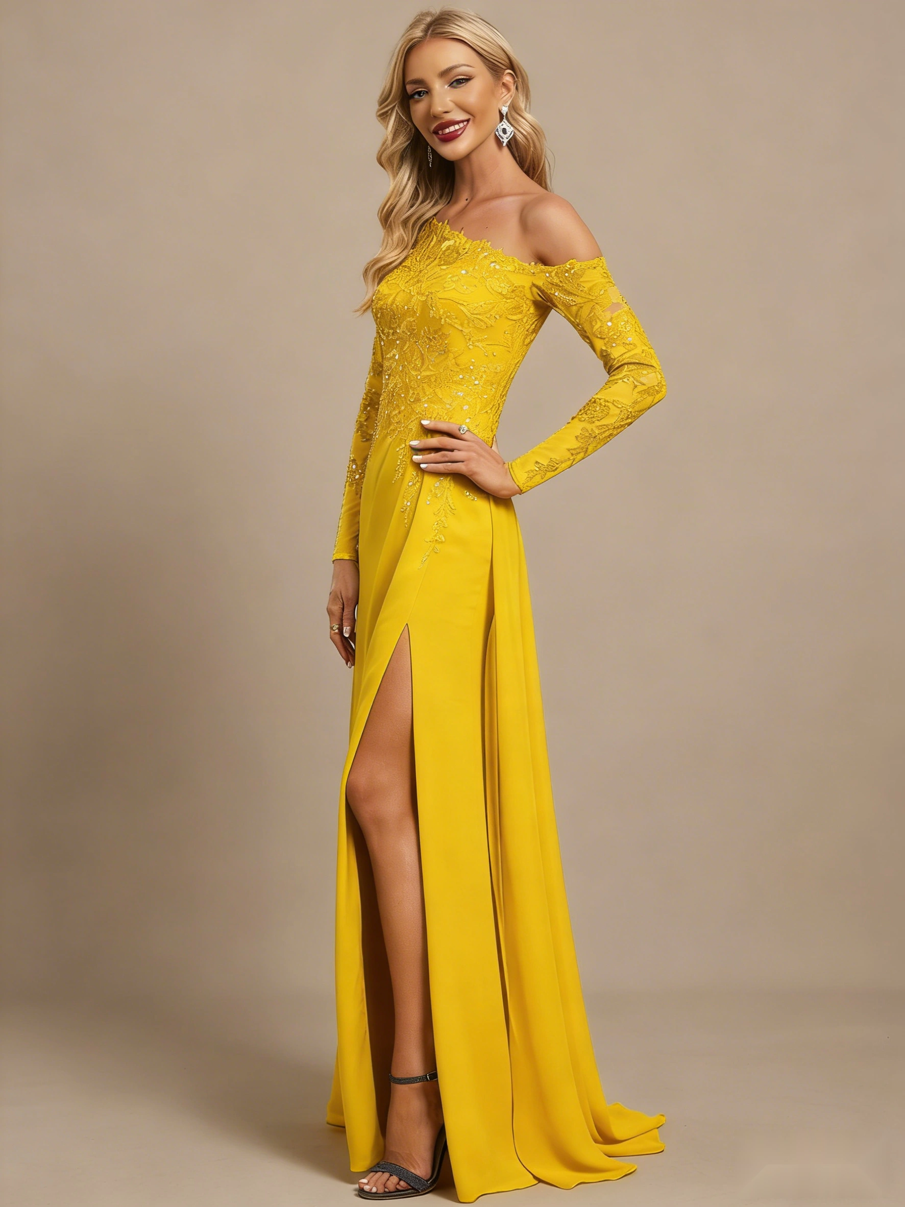 One-Shoulder Chiffon Gown with Thigh-High Slit